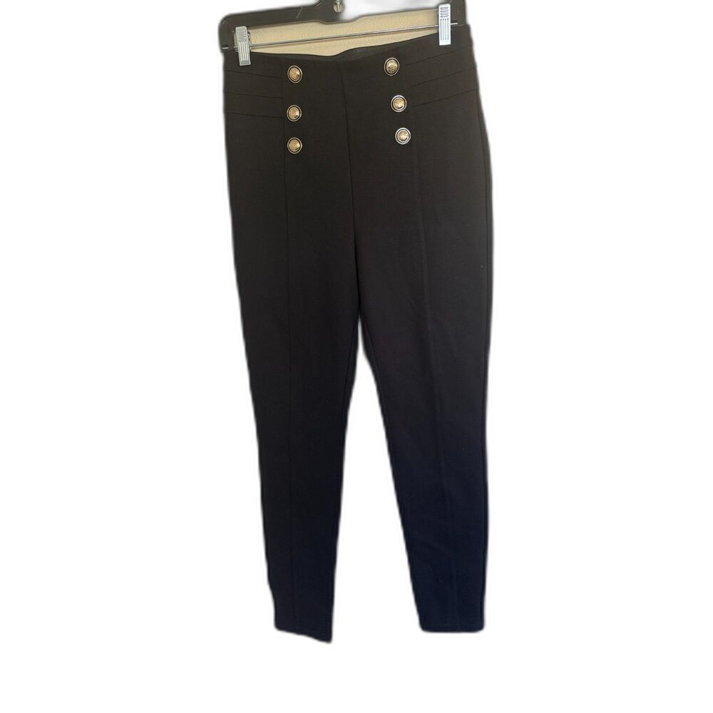 Zara Black High Waisted Sailor‎ Pants Gold Button Skinny Trousers Size Medium